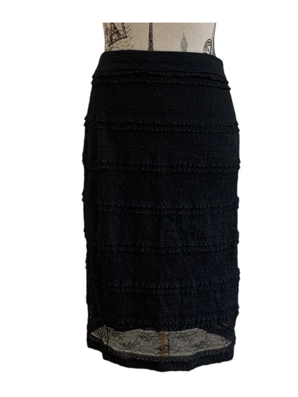 MAITI Skirt Black Sexy Pencil Lace Tiered Panels Lined Stretch Pullon M L